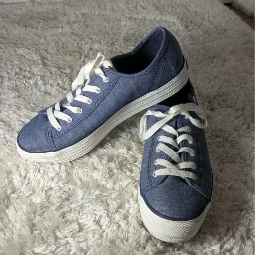 Coastal Preppy Platform Sneakers Keds Triple Kick Chambray Blue Womens 7.5